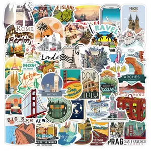 52pcs Cartoon Tourism Stickers Printing Custom Logo Cut Vinyl Sticker Guitar Luggage Phone Wall Travel sticker