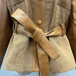 Custom <strong>Women</strong> Sleek Mixed Media Utility <strong>Jacket</strong> Autumn Winter Cozy Leather Linen Blend Coat with Daily Wear - Product Image 4