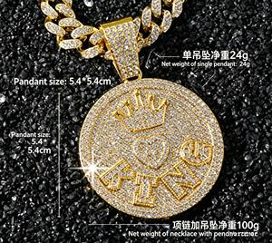 Set di Gioielli Hip Hop Iced Out con Catena Cuban Link in Lega Geometrica e Ciondolo a Disco KING & Corona, Regalo per Rapper - Product Image 6