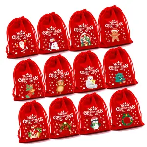 حقيبة تغليف مجوهرات حمراء سانتا كلوز بخيط رسم كيس مخملي لهدايا عيد الميلاد