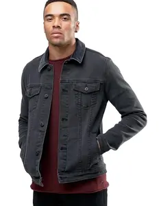 KY wholesale custom jean jacket men Skinny Fit With Cord Collar black Denim Jacket