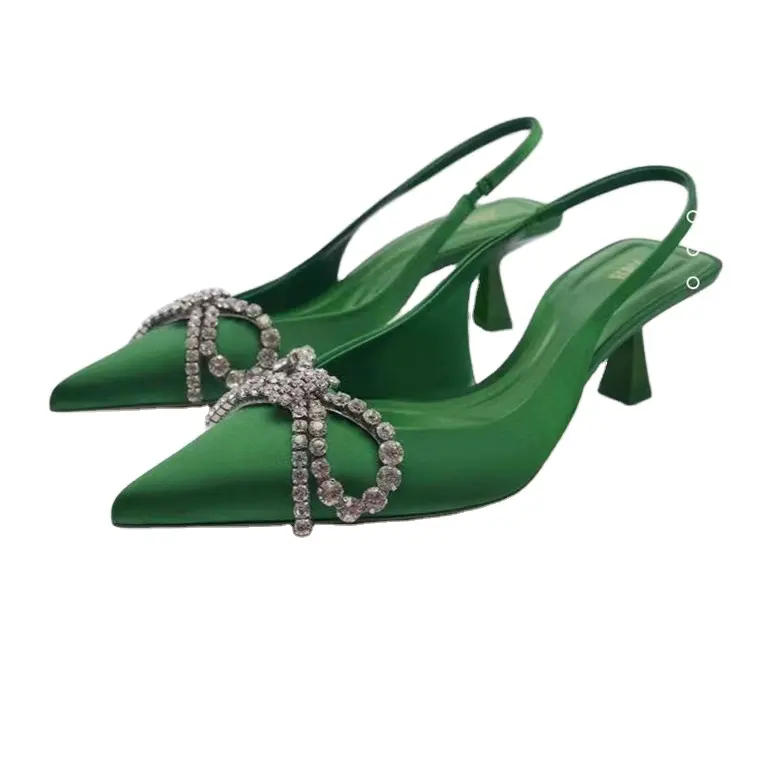 2022 Women's shoes Green pointed toe Butterfly sparkle rhinestone heels bowknot diamond shoes