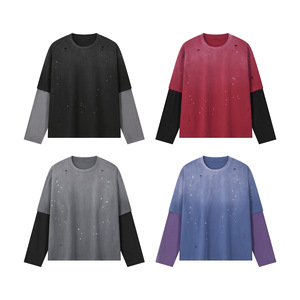 T-shirt à manches longues en coton lourd délavé RUICHI 270G, détails déchirés effet éclaboussures d'encre, patchwork rétro deux pièces pour hommes - Product Image 3