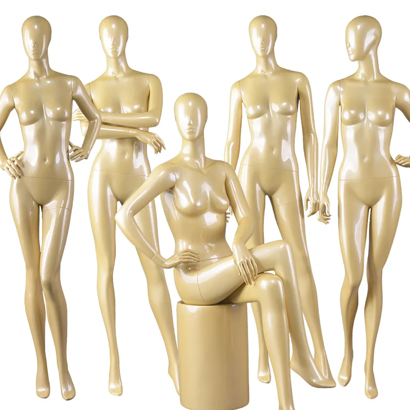 Escaparate de ventana para mujer, elegante, sexy, realista, cuerpo completo, amarillo brillante, maniquíes claros