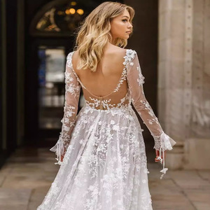 Wedding Dress Ball Gown V-neck Long Sleeve Floral Embroidered Lace White Natural Waistline JM323 - Product Image 3
