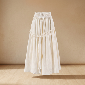 Women's Beige Breathable Natural <b>Elastic</b> Waist A-Line Long Skirt Lace-up Detail Woven Casual Summer Wear - Product Image 3