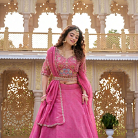 Conjunto de Lehenga Choli Rosa Bordado, Vestido Étnico para Mujer con Dupatta para Bodas y Fiestas