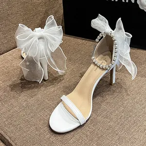 Wedding Shoes Zapatos Mujer Saltos Bow Lace up Strappy Ankle Pearl Strap White Wedding Heels for Bride
