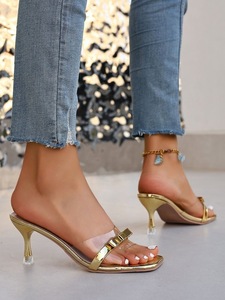 Sandalias de tacón fino con punta cuadrada y tira transparente, decoración de lazo dorado, estilo mule, para fiesta de verano, pantuflas de tacón. - Product Image 5