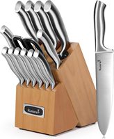 Ensemble de couteaux de chef en bois d'acacia de qualité supérieure, 15 pièces, manche en acier inoxydable, ciseaux de cuisine et aiguiseur intégré