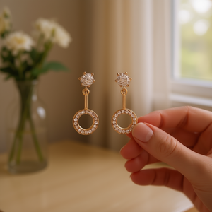 Orecchini pendenti in cristallo placcati oro rosa con strass rotondi taglio brillante e design geometrico per donna, gioielli alla moda per feste - Product Image 2