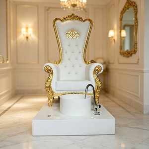 Fauteuil de pédicure sculpté Royal Gold, fauteuil de massage des pieds à dossier haut, en cuir PU blanc, station de pédicure avec bassin pour les pieds - Product Image 4