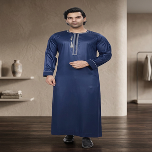 Túnica marroquí azul marino para hombre con cuello bordado y detalle de borlas, manga larga, jubba musulmana tradicional - Product Image 1