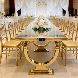 Mesa de Comedor de Vidrio de Diseño de Lujo, Mesa de <span class=keywords><strong>Metal</strong></span> de Acero Inoxidable para Hoteles, Banquetes Comerciales, Bodas y Restaurantes - Product Image 1