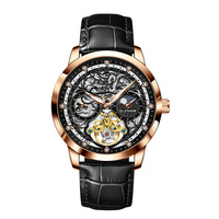 Montre mécanique automatique Glenaw Luxury Classic pour homme, squelette gravé, tourbillon, phase de lune, bracelet en cuir, cadran en verre