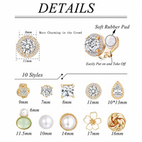 10 Pasang Set Anting Clip-On Multi Gaya untuk Wanita Mutiara Kristal Bunga Warna Emas Tanpa Tindik Perhiasan Fashion Elegan Hadiah