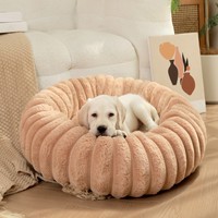 Coussin rond moderne en peluche pour animaux de compagnie, haute densité, chaud pour l'hiver, en tissu rayé à poils longs, doux, confortable et lavable pour petits chiens, chats et lapins
