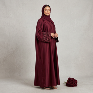 Elegant <b>Burgundy</b> Embroidered Polyester Loose Abaya Women Floor Length Modest Long Sleeve V Neck Middle East <b>Wedding</b> <b>Dress</b> - Product Image 1
