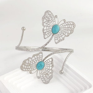 Gold Plated Butterfly <b>Cuff</b> Bracelets With Turquoise Stone Women's Bohemia Style Statement <b>Arm</b> Jewelry - Product Image 3