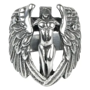 Manufacturer men jewelry cross vintage antique black custom stainless wing angel ring steel