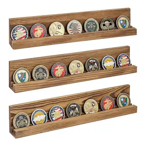Wall Mounted Rustic Dark Burnt Wood Military Challenge Coin Display Holder and Coin Collection Ledge Shelf Rack