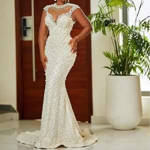 Arabische Parel Zeemeermin Trouwjurk Luxe Hand-Kralen Pure Hals Kristal Illusie Plus Maat Zeemeermin Trouwjurk Bescheiden <span class=keywords><strong>2025</strong></span> - Product Image 1