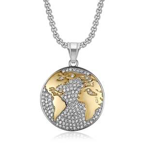 Hip Hop ghiacciato diamante mappa del mondo a prova di acqua Pvd in acciaio inossidabile moneta di moda gioielli ciondoli collane placcato oro 18K donne - Product Image 3