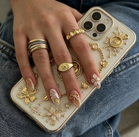 Ongles à presser 3D dorés style INS, motif floral français, 24 pièces pré-fabriquées personnalisées avec colle pour doigts – Vente chaude