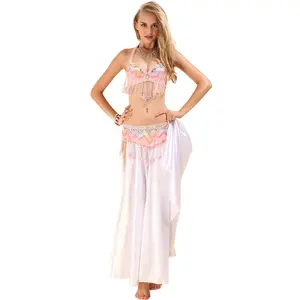 पेशेवर पेट नृत्य प्रदर्शन ब्रा बेल्ट के साथ सफेद स्कर्ट 3pcs