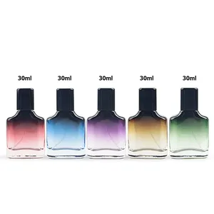 Flat Square shape 1oz 30ml gradient color perfume bottles refillable portable fine mist spray glass bottle