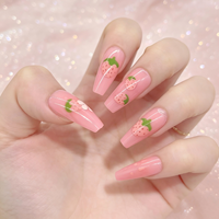 Faux ongles roses fraise à presser, longs ongles brillants forme cercueil avec motif floral, ongles acryliques réutilisables