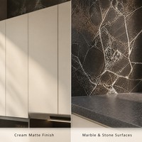 Ensemble de meubles de cuisine modernes et écologiques avec îlot, comptoir de petit-déjeuner, vitrine en verre, éclairage LED, robinet inclus, dessin de conception gratuit et livraison rapide