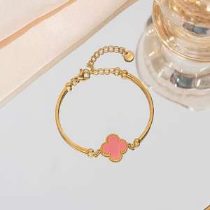 Women's Double-sided Four-leaf Clover Bracelet Stainless Steel Links Gold-color Plating <strong>Fashion</strong> <strong>Accessory</strong> Adjustable Opening - Product Image 2
