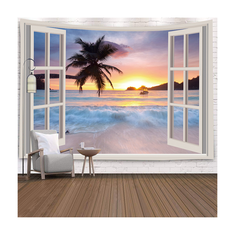 Large Tropical Beach Sunset Mandala Tapestry Woven Wall Cloth with Printed Pattern for Window View for Wall Hanging Decor