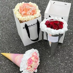 Creative Fashion Luxury Ice Cream Bouquet Flower Waterproof Paper Cone Shaped Gift Wrapping Bag