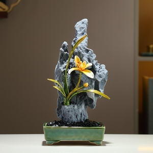 Ornement en pierre d'orchidée, sculpture de style chinois moderne, décoration de salon, hall d'entrée, cadeau de pendaison de crémaillère - Product Image 2