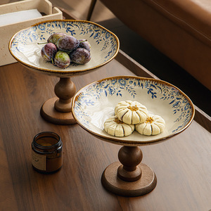 Plateau décoratif vintage en céramique avec pieds en bois, style floral, pour fruits, idéal pour le dropshipping Shopify - Product Image 6