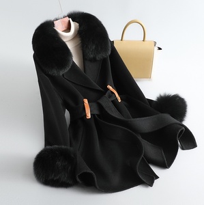Abrigo de Cachemira negro al por mayor de fábrica con puños de cuello de piel de zorro Real, abrigo de piel elegante para mujer, gabardina mediana de lana - Product Image 1