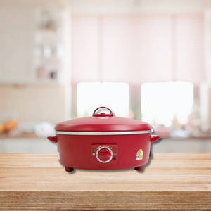 Poêle électrique HANABISHI 14 pouces rouge mat avec couvercle en aluminium HEP-14, multifonction, pour frire, faire bouillir, cuire à la vapeur, faire des hotpot - Product Image 1
