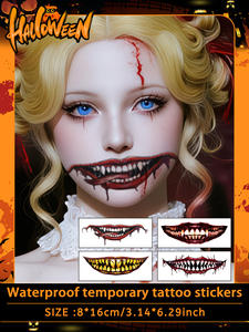 สติกเกอร์รอยสักรูปริมฝีปากและปากซอมบี้สำหรับวันฮาโลวีน4ชิ้น/แพ็ค CE รอยสักรูปปากขนาดใหญ่รอยสัก<span class=keywords><strong>ปลอม</strong></span>รอยแผลเป็นใบหน้าแมงมุม - Product Image 5