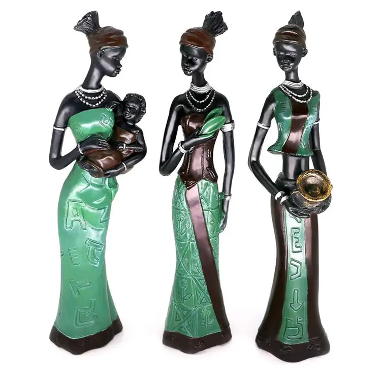 3 Pack African Statues Figurines 7.5 "African Woman Sculpture Girl Polyresin Exotic Tribal Lady Figurine Statue Decor Collection