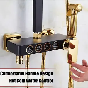 Custom Square Brass 4 Functions Shower System Black Gold Bathtub Mixer Faucet Hot Cold Bathroom Tap Thermostatic Shower Set