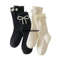 Étiquettes personnalisées enfants chaussettes doux nœud papillon perle dentelle bas fille princesse vent Lolita tas chaussettes enfants genou haute chaussette