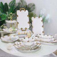 Plateau décoratif en céramique or et blanc de luxe avec double anse, élégant plateau de service pour table basse, coiffeuse et décoration intérieure