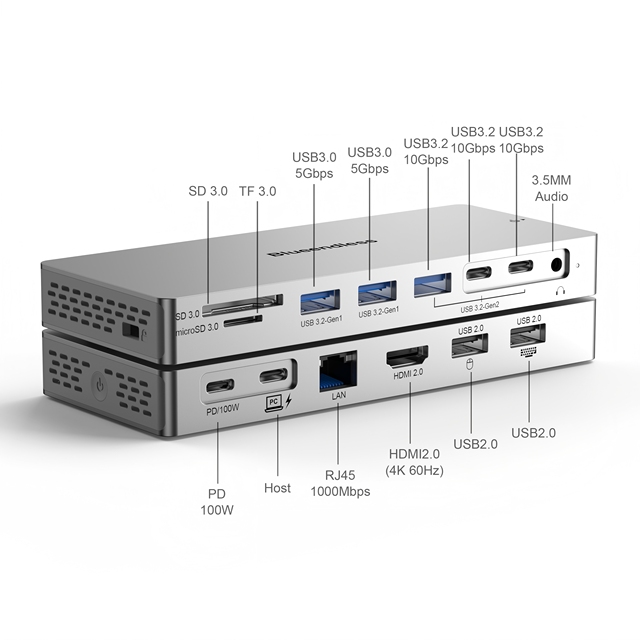 14 In 1 Type C USB Hub Docking Station USB 3.0 Card Reader Adapter Hub 5 Port 10Gbps USB 3.2 Hub with 4K 60Hz HDTV Lan Audio PD