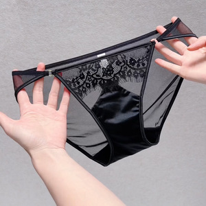 Wholesale Women Knitted Nylon Satin Lace Briefs Solid Color <b>Mid</b>-Rise Sheer Mesh Sexy Breathable Quick Dry Thin Elegant - Product Image 1