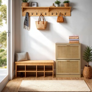 Boho nordique en bois rotin portes mince étroit mince étagère à chaussures haute capacité 12 paires pin ton mélamine couloir armoire à chaussures - Product Image 2