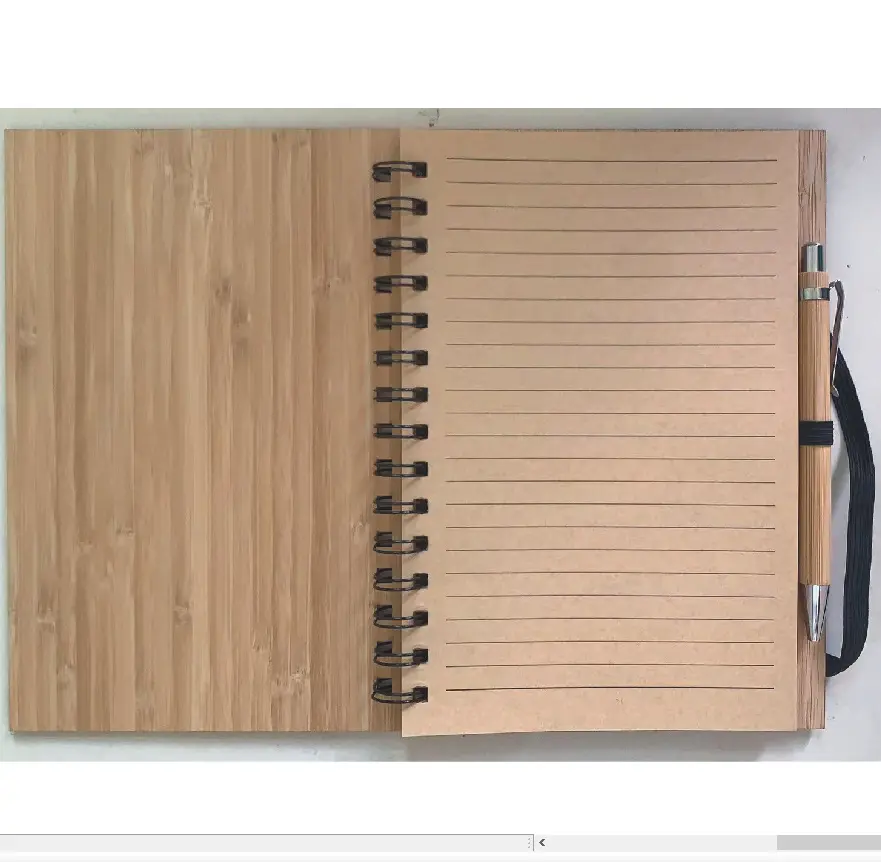 Eco Custom Design Spiraal Binding Hardcover Recycle Hout Bamboe Cover Notebook Met Pen