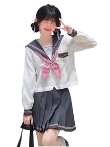 Ensemble uniforme scolaire blanc pour filles avec nœud rose et jupe plissée en polyester tissé, uniforme de lycée pour enfants - Product Image 1