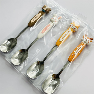 Cucchiaio Monouso per Bambini in Acciaio Inox 316 Placcato Oro con Testa in Silicone a Forma di Animale Cartone Animato Volpe Coniglietto Cerbiatto - Product Image 2